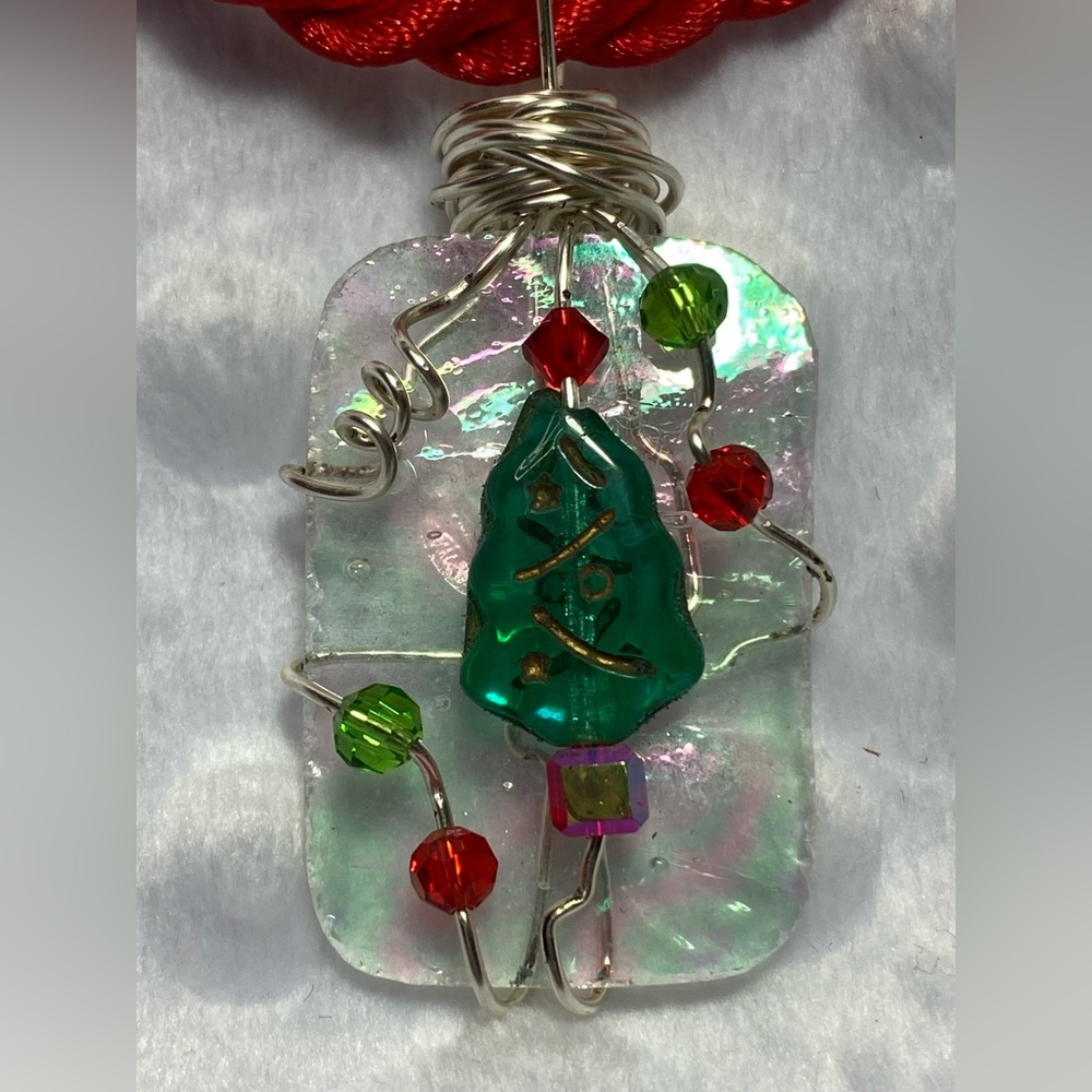 Christmas Tree with Baubles  and Silver Pendant with Red Braided Cord